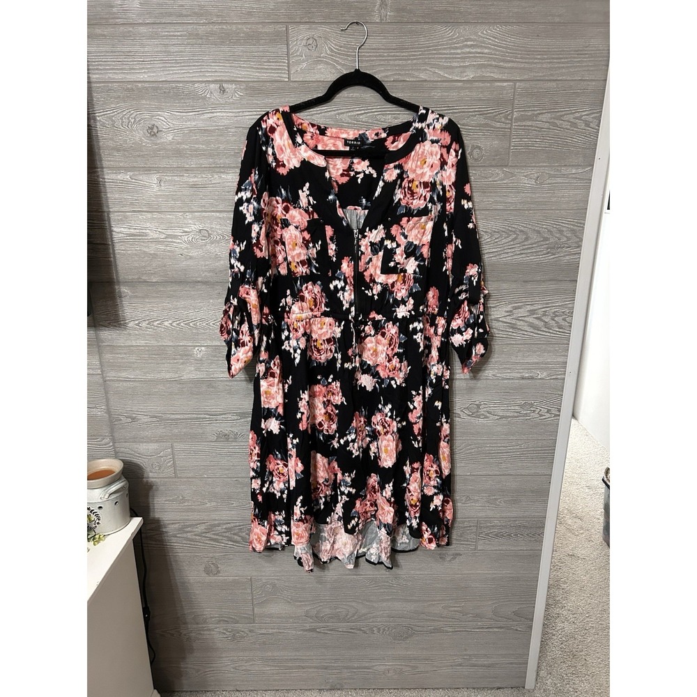 Torrid Mini Challis Floral Print High Low Plus Size 2 2X Shirt Dress Tie Waist